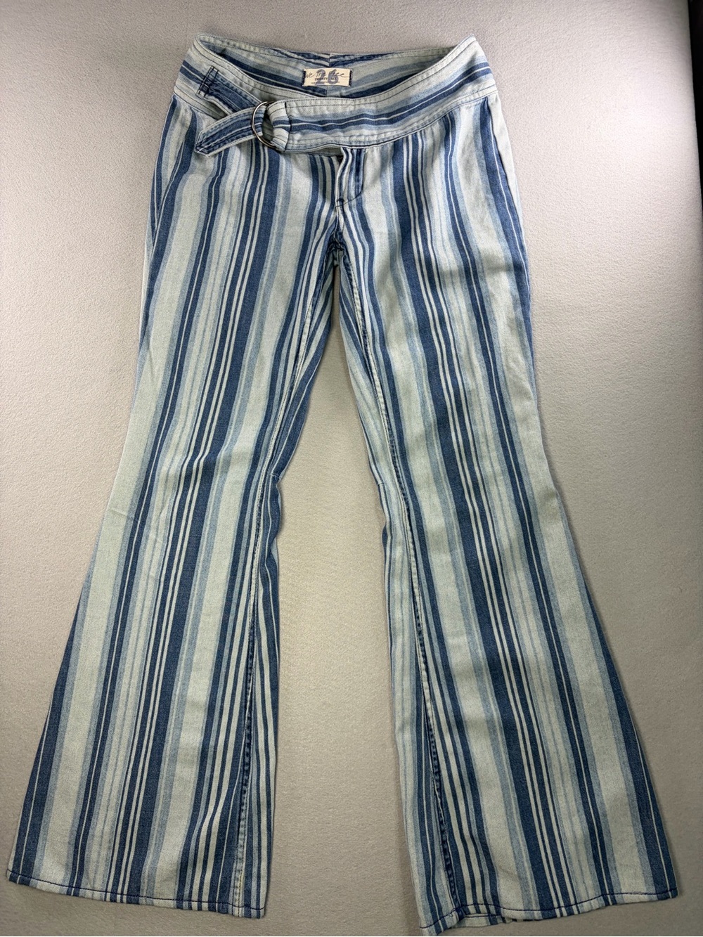We The Free Blue & White Vertical Stripe Flare Jeans with D-Ring Self Belt